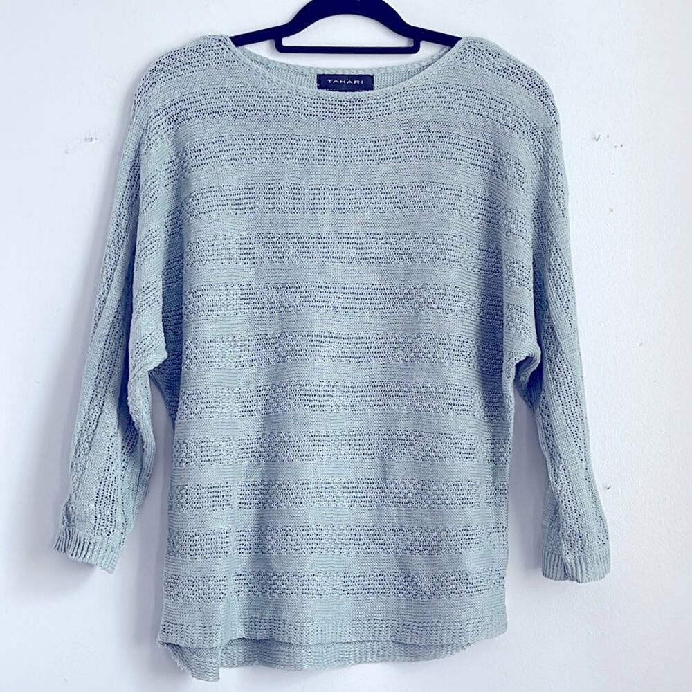 Tahari 100% linen open loose knit long sleeve wide neck sweater sz S